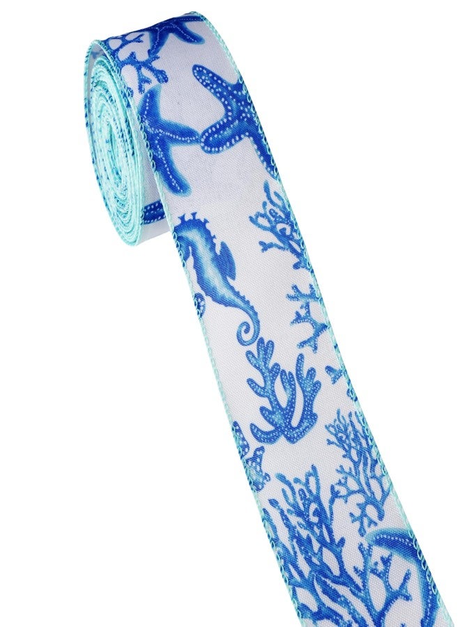 Meseey 10 Yards Spring Summer Ribbon Wired 2.5 Inch Sea Ocean Starfish Coral Beach Marine Ribbon for Party Gift Wrapping Outdoor Hanging Party Decoration Supplies (Blue Ribbon) - Image 3